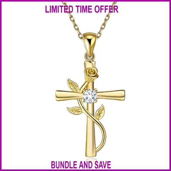 Sterling Silver Cross Pendant Necklace with Cubic Zirconia Flower